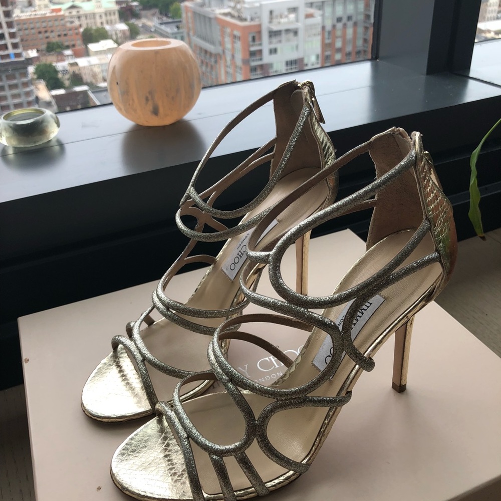 Jimmy Choo Champagne Glitter Fabric Sandals - Picture 2 of 5